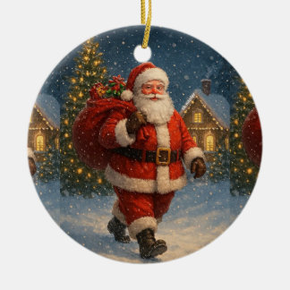 Vintage Santa Claus Christmas Winter Wonderland Ceramic Ornament