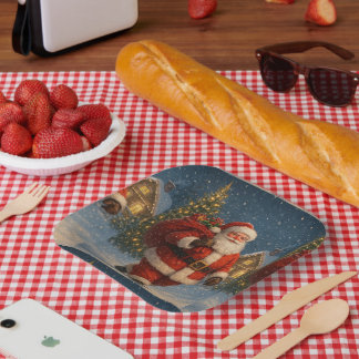 Vintage Santa Claus Christmas Winter Wonderland Paper Plates