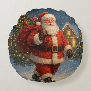 Vintage Santa Claus Christmas Winter Wonderland Round Pillow