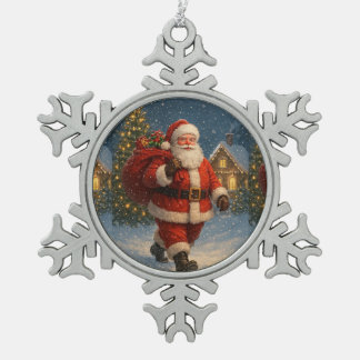 Vintage Santa Claus Christmas Winter Wonderland Snowflake Pewter Christmas Ornament
