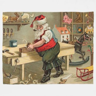 Vintage Santa Claus Christmas Workshop Fleece Blanket