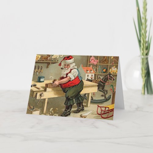 Vintage Santa Claus Christmas Workshop Holiday Card