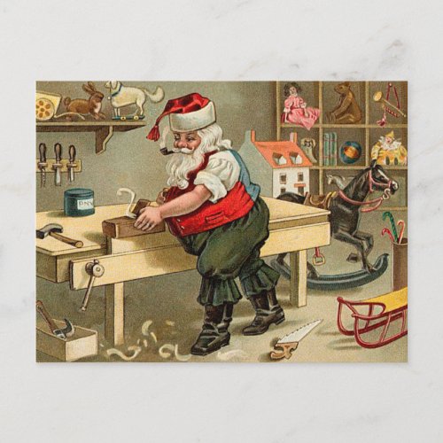 Vintage Santa Claus Christmas Workshop Holiday Postcard