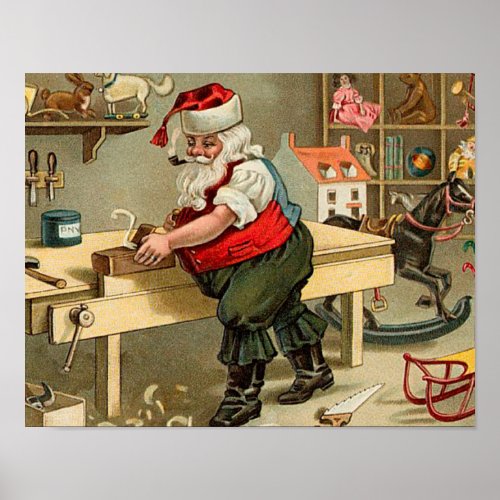 Vintage Santa Claus Christmas Workshop Poster