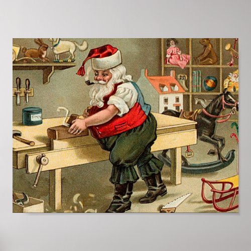 Vintage Santa Claus Christmas Workshop Poster