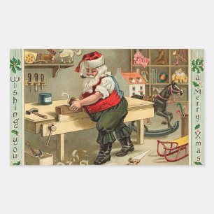 Vintage Santa Claus Christmas Workshop Rectangular Sticker