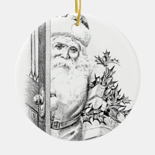 Vintage Santa Claus Comes Through The Door Ceramic Ornament