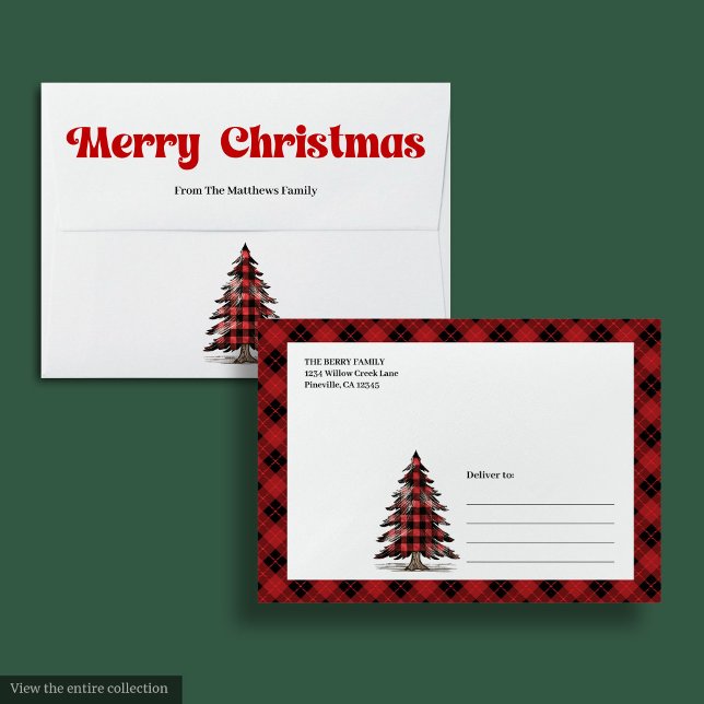 Vintage Santa Claus Cozy Holiday Envelope Design (Modern buffalo tree envelope custom holiday name

)