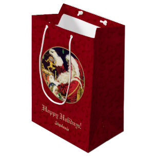 Vintage Santa Claus, Custom Name Christmas Medium Gift Bag
