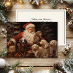 Vintage Santa Claus Cute Puppies Merry Christmas  Holiday Card<br><div class="desc">This heartwarming Christmas card features a classic depiction of Santa Claus surrounded by a group of joyful dogs, each adorned with festive red ribbons. The cozy holiday scene is beautifully painted with rich, warm tones and soft lighting, evoking nostalgia and Christmas cheer. The inside message reads, “Wishing you a Christmas...</div>
