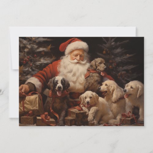 Vintage Santa Claus Cute Puppies Merry Christmas  Holiday Card