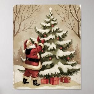 Vintage Santa Claus Decorating Christmas Tree Poster