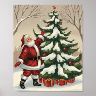 Vintage Santa Claus Decorating Christmas Tree Poster