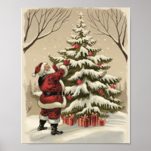 Vintage Santa Claus Decorating Christmas Tree Poster