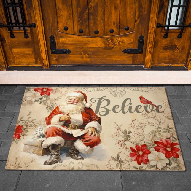 Vintage Santa Claus Decoupage Ephemera Doormat (A festive Christmas Santa Claus doormat with the word, "Believe" So fun for decorating your porch)