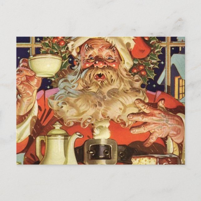 Vintage Santa Claus Drinking Tea Holiday Postcard (Front)