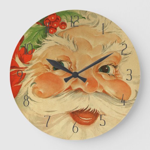 Vintage Santa Claus Face Retro Holiday Large Clock