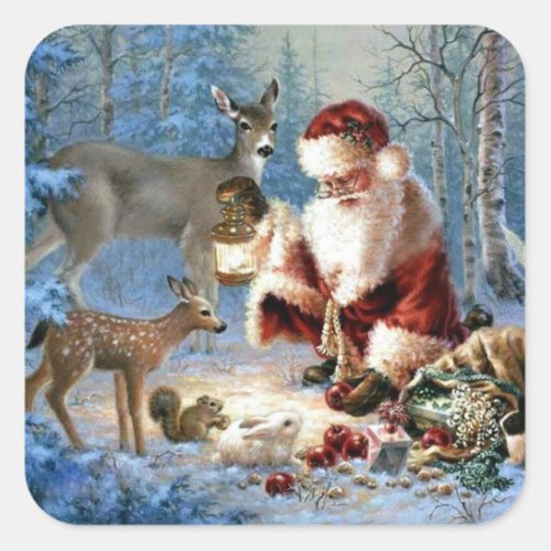 Vintage Santa Claus Feeding Animals Square Sticker