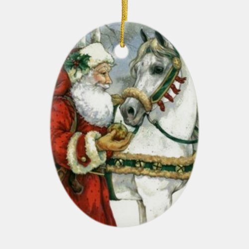 Vintage Santa Claus Feeding His White Horse Ceramic Ornament