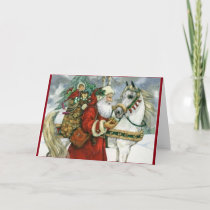 Vintage Santa Claus Feeding His White Horse Holiday Card