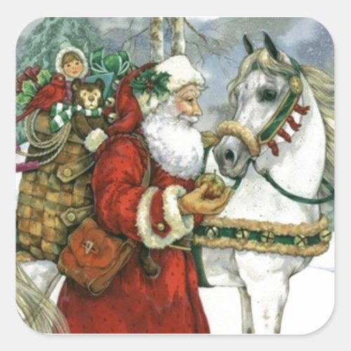 Vintage Santa Claus Feeding His White Horse Square Sticker