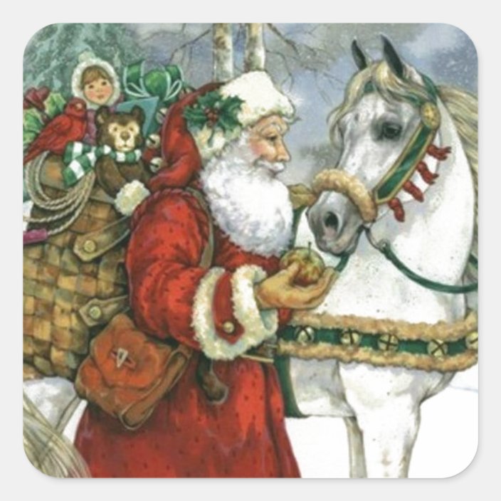 Vintage Santa Claus Feeding His White Horse Square Sticker Zazzle Com These are the cutest full color vintage christmas images. vintage santa claus feeding his white horse square sticker zazzle com