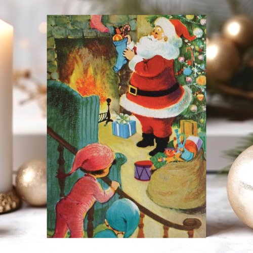 Christmas Greeting Cards 14 Vintage Santa Claus Fireplace Kids On Stairs Holiday Card
