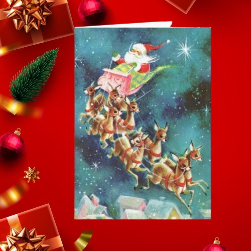 Vintage Santa Claus Flying Reindeer Over Houses Card