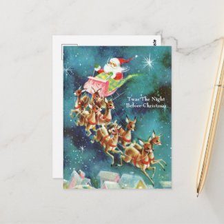 Vintage Santa Claus Flying Reindeer Over Houses Postcard
