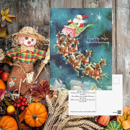 Vintage Santa Claus Flying Reindeer Over Houses Postcard