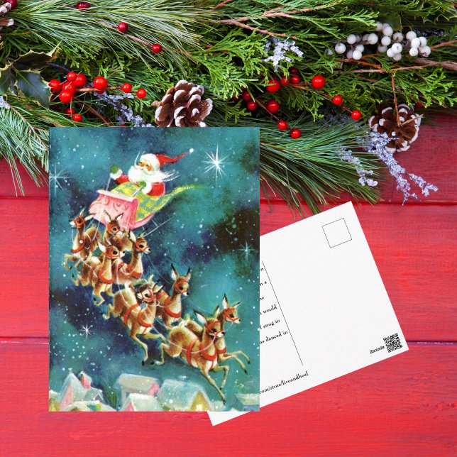 Vintage Santa Claus Flying Reindeer Over Houses Postcard (Creator Uploaded)