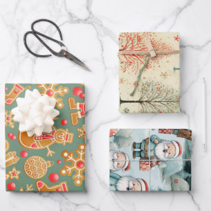 Vintage Santa Claus Frosty the Snow Man Christmas Wrapping Paper Sheets