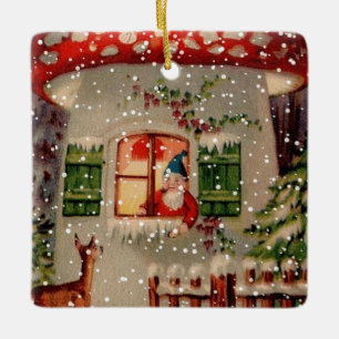 Vintage Santa Claus Gnome In Mushroom House Ceramic Ornament