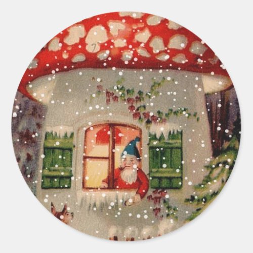 Vintage Santa Claus Gnome In Mushroom House Classic Round Sticker