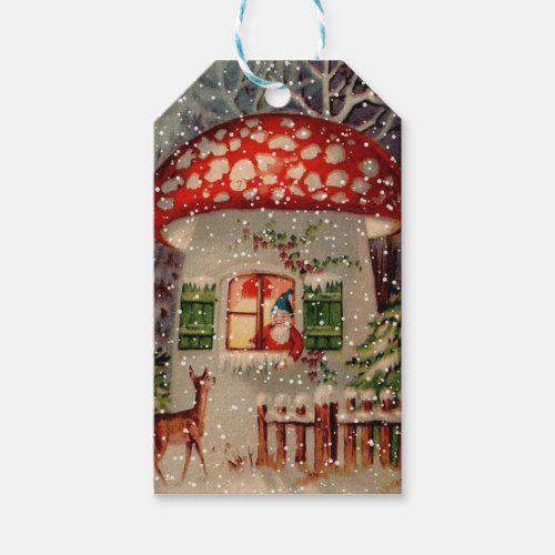 Vintage Santa Claus Gnome In Mushroom House Gift Tags