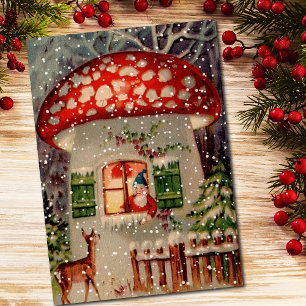 Vintage Santa Claus Gnome In Mushroom House Holiday Card
