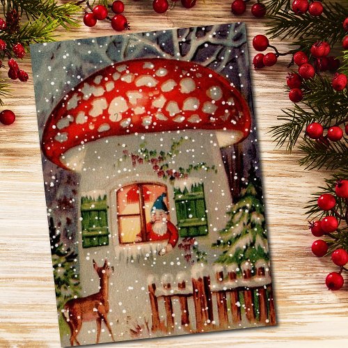 Vintage Santa Claus Gnome In Mushroom House Holiday Card