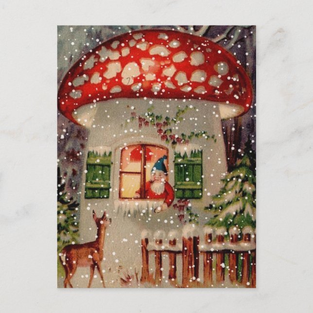 Vintage Santa Claus Gnome In Mushroom House Holiday Postcard (Front)