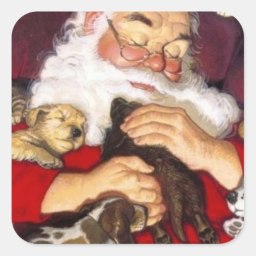 Vintage Santa Claus Holding Puppies Square Sticker