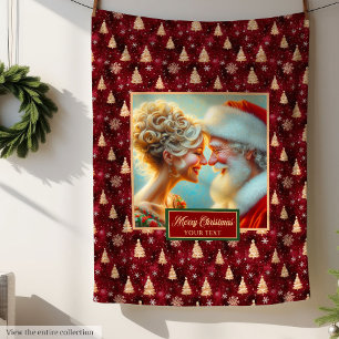 Vintage Santa Claus Holiday Blanket Burgundy Gold