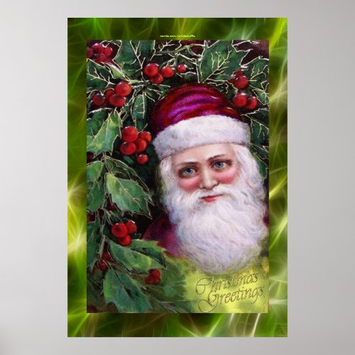 Vintage Santa Claus  Holly Bush Christmas Poster