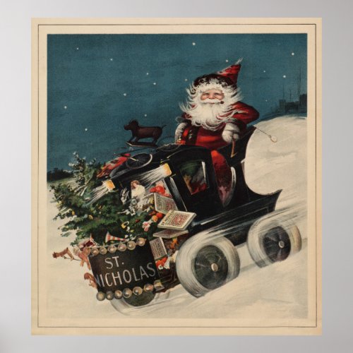 Vintage Santa Claus in a Motorized Sleigh 1920 Poster