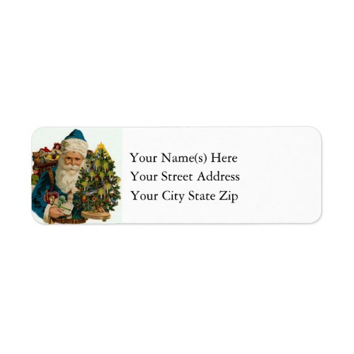 Vintage Santa Claus in Blue With Christmas Tree Label