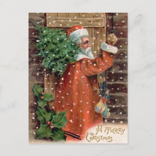 Vintage Santa Claus in Orange Dress _ Christmas Holiday Postcard