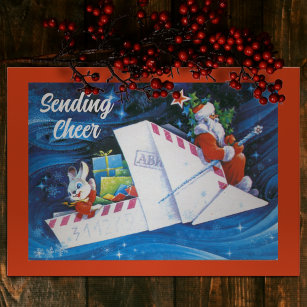 Vintage Santa Claus in Paper Sleigh Flat Christmas Holiday Card