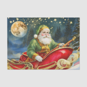 Vintage Santa Claus in Sleigh, Golden Moon, Stars Tissue Paper