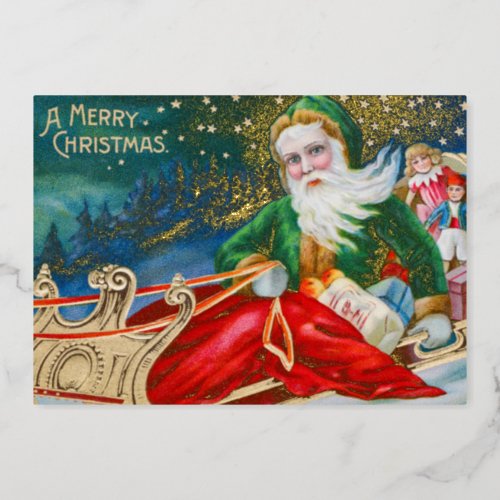 Vintage Santa Claus in Sleigh Merry Christmas Gold Foil Holiday Card