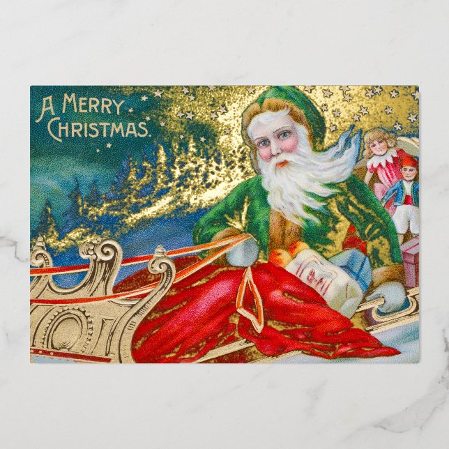 Vintage Santa Claus in Sleigh Merry Christmas Gold Foil Holiday Card (Front)