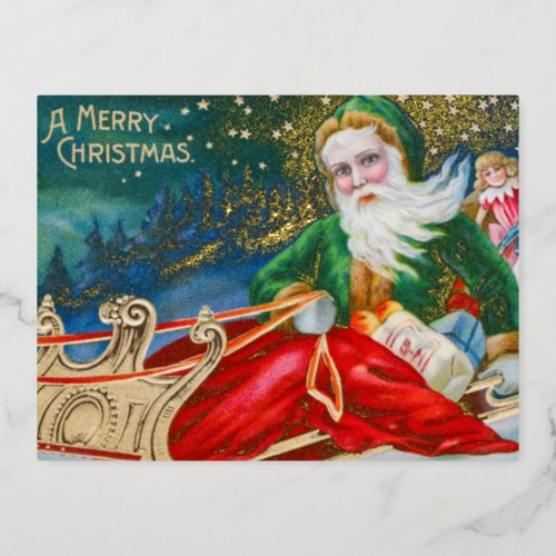 Vintage Santa Claus in Sleigh Merry Christmas Gold Foil Holiday Postcard