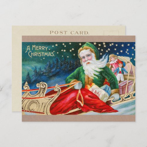 Vintage Santa Claus in Sleigh Merry Christmas Holiday Postcard